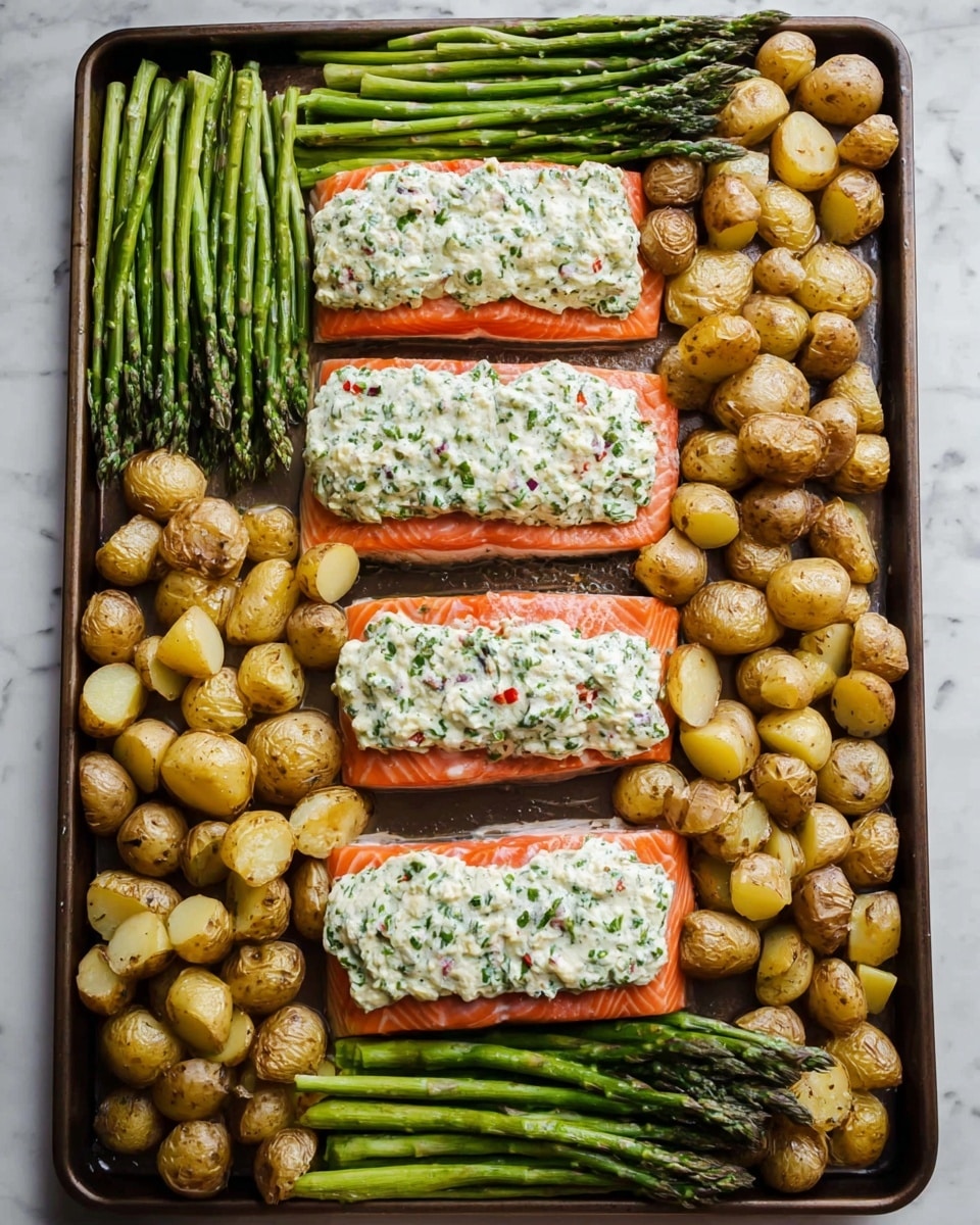 A baking tray is filled with four layers of raw salmon, each topped with a thick, white herb butter spread that has small green and red bits. On top of each salmon layer, there is a small bunch of fresh green asparagus laid horizontally. The left side of the tray is filled with many golden brown baby potatoes, some halved and others whole, with a crispy texture. The right side and the bottom of the tray are packed with more green asparagus. The tray is placed on a white marbled surface. photo taken with an iphone --ar 4:5 --v 7