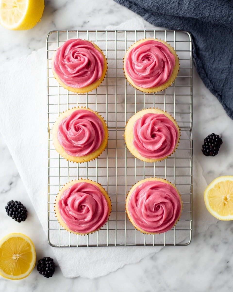 The image shows six cupcakes arranged in two columns of three on a silver cooling rack placed over a white cloth on a white marbled surface. Each cupcake has a pale yellow base with a smooth texture and is topped with a thick, bright pink frosting swirled into a rose shape, creating a vibrant contrast. In the top right corner, there is a dark blue fabric piece next to a halved lemon and two blackberries. In the bottom left corner, there is another halved lemon and two blackberries placed directly on the white marbled surface. The overall look is clean and fresh, with bright colors standing out against the white marble background photo taken with an iphone --ar 4:5 --v 7