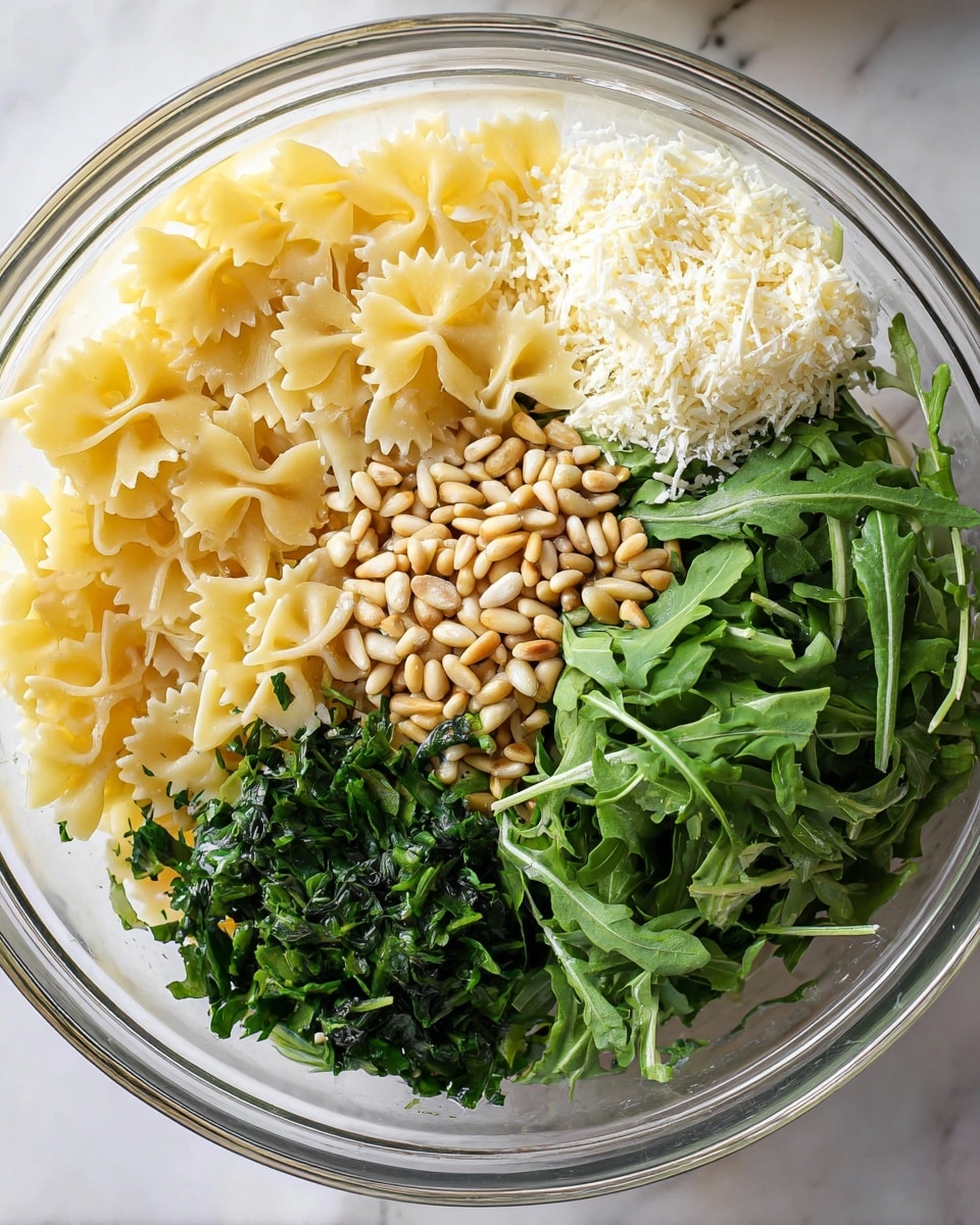 A clear glass bowl on a white marbled surface holds five separate layers of ingredients: cooked bowtie pasta in pale yellow on the left, a heap of finely grated pale cream cheese on the top right, fresh bright green arugula leaves covering the right side, toasted light brown pine nuts in the bottom center, and a small pile of dark green chopped spinach on the bottom left. The ingredients are neatly arranged side by side, showing clear textures from soft pasta and leafy greens to crumbly cheese and crunchy nuts. Photo taken with an iphone --ar 4:5 --v 7