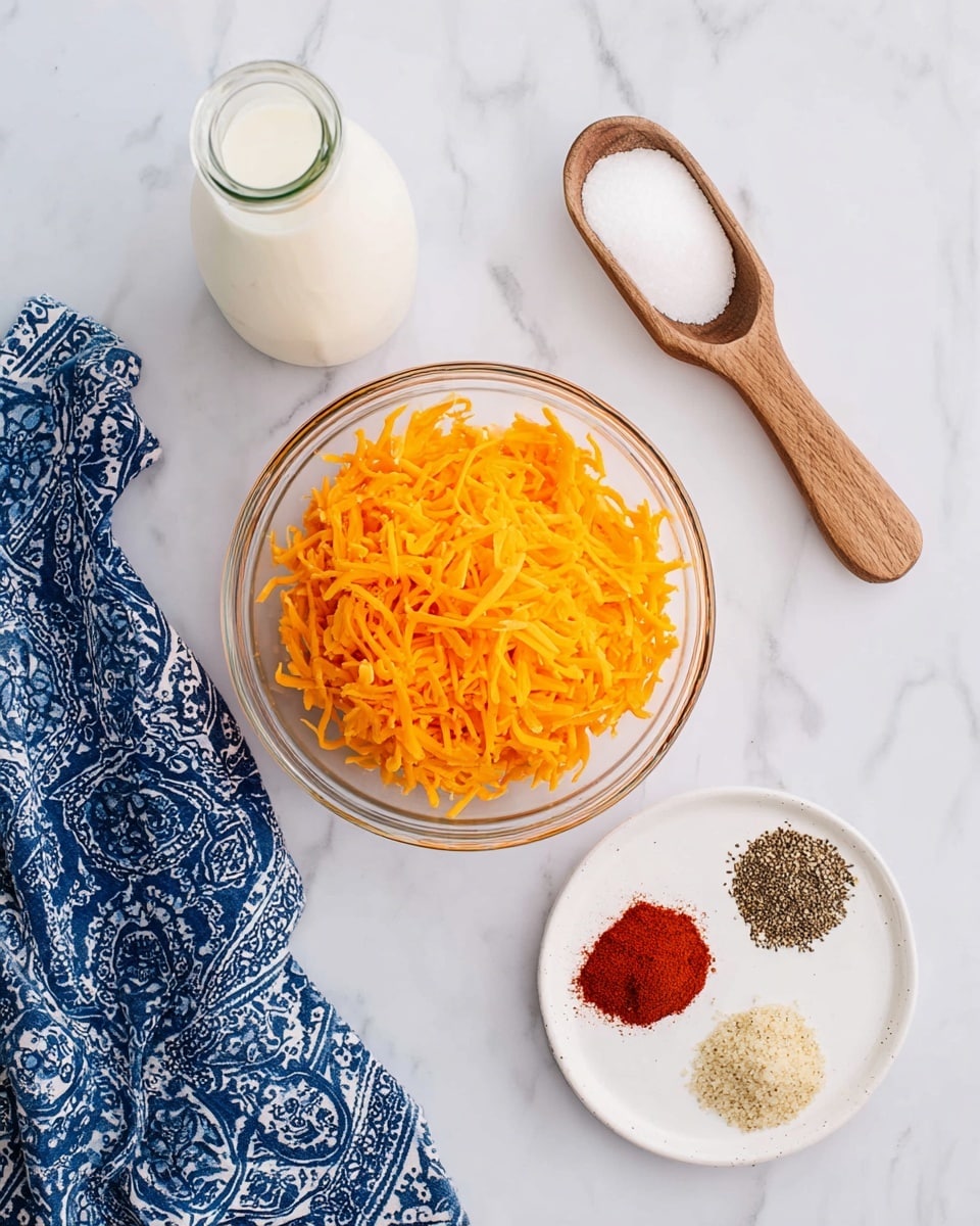 The image shows an overhead view of several cooking ingredients arranged on a white marbled surface. In the center is a clear glass bowl filled with bright orange shredded cheese. To the top left of the bowl is a glass milk bottle filled with white milk. On the top right, there is a wooden measuring spoon filled with white powder, likely salt. At the bottom right, a white plate holds three small piles of spices: light beige powder, black pepper, and red paprika. A blue and white patterned cloth is draped in the bottom left corner. Photo taken with an iphone --ar 4:5 --v 7