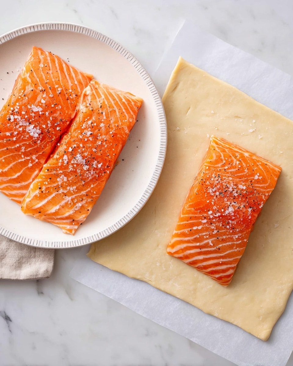 The image shows two parts: on the left, two bright orange salmon fillets lie side by side on a white plate with a subtle pattern on the border, each fillet sprinkled evenly with coarse salt and black pepper, highlighting the smooth, slightly glossy texture of the fish with clear white stripes running through it. On the right, a single salmon fillet with the same seasoning rests in the center of a square piece of pale, smooth pastry dough laid flat on white parchment paper, revealing the contrast between the rich orange fish and the soft, matte dough under soft lighting, all set on a white marbled surface. Photo taken with an iphone --ar 4:5 --v 7