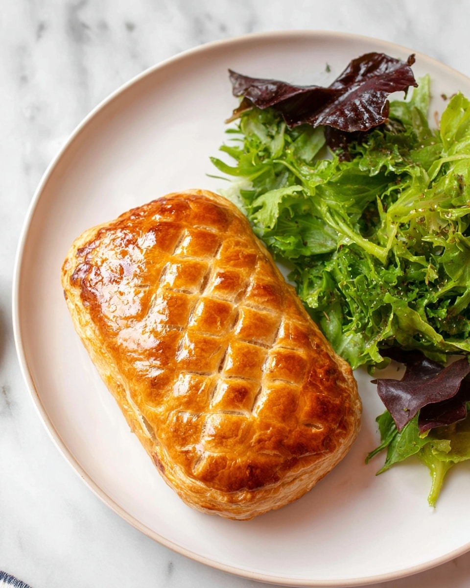 A golden-brown pastry with a shiny, flaky texture and a crisscross pattern on top sits on a white plate. Next to the pastry is a small pile of fresh mixed greens with different shades of green and a few dark red leaves, adding color contrast. The plate is set on a white marbled surface, creating a clean and bright background. photo taken with an iphone --ar 4:5 --v 7