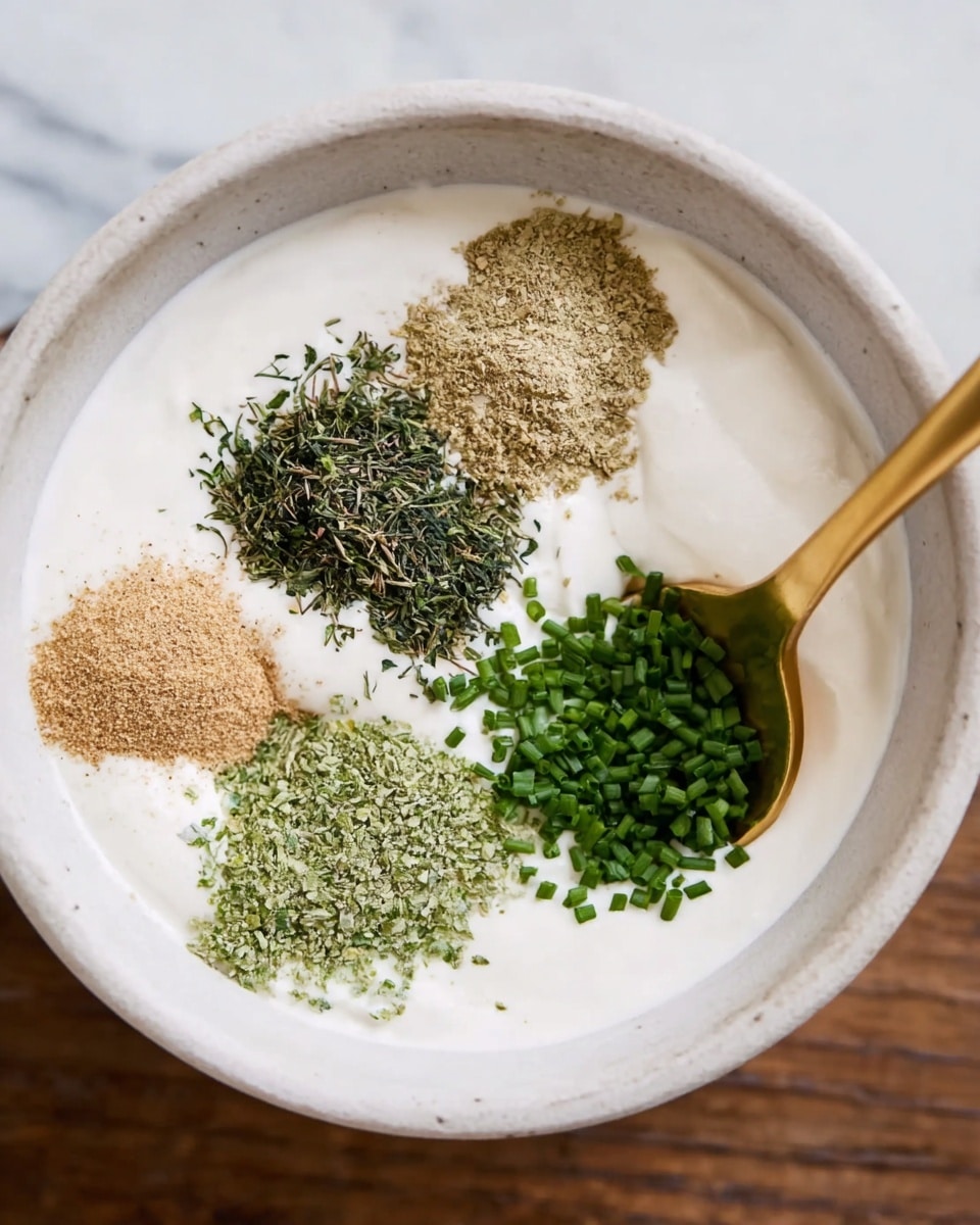 A close-up of a white bowl with a thick white creamy base inside, topped with four distinct piles of spices and herbs placed separately near the edge of the bowl: a light brown powder, a dark green fine herb, a lighter green dried herb, and a pile of finely chopped fresh bright green chives. A gold spoon is partially submerged on the right side, resting on the creamy surface. The bowl sits on a white marbled surface. photo taken with an iphone --ar 4:5 --v 7