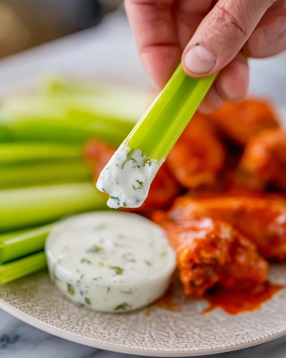 A close-up shows a woman's hand holding a single bright green celery stick dipped halfway into a thick, creamy white sauce with small green herb specks. Behind, on a white textured plate, there is a pile of orange-red sauced chicken wings and several fresh celery sticks, all placed on a white marbled surface. The focus is sharp on the celery and sauce, while the plate and food behind are softly blurred. photo taken with an iphone --ar 4:5 --v 7