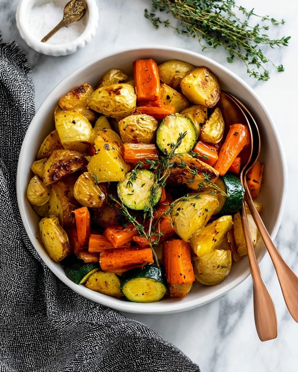 A white bowl is filled with three layers of roasted vegetables: golden brown potato chunks on top, bright orange carrot pieces in the middle, and green zucchini slices with a slight sear on the bottom. A sprig of fresh green thyme rests on top for garnish. Two rose gold spoons are placed inside the bowl, partially buried in the vegetables. The bowl sits on a white marbled surface with a textured gray cloth to the left and a small white salt dish with a silver spoon and fresh herbs in the background. Photo taken with an iphone --ar 4:5 --v 7