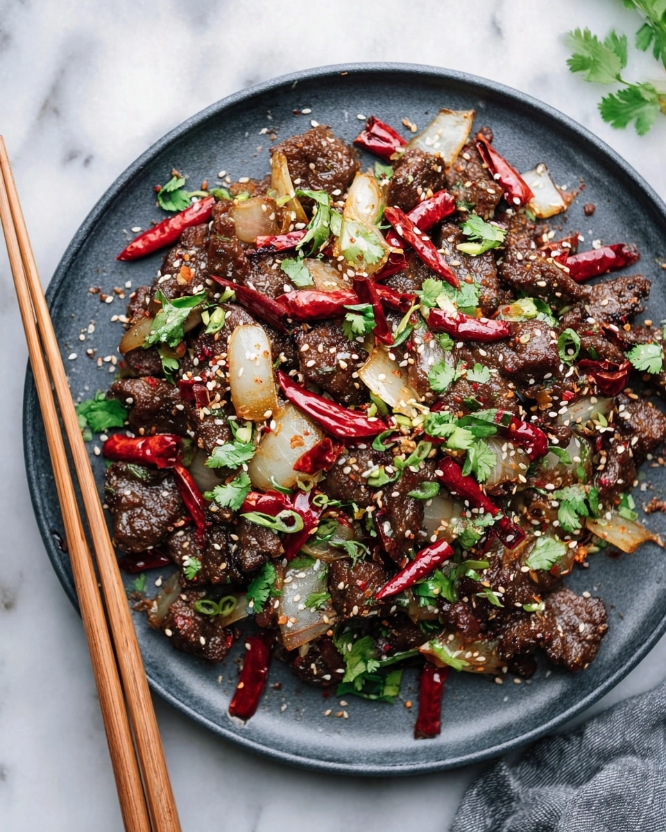 A black pan filled with a stir-fried dish that has three main layers: the first layer is small chops of dark brown cooked meat spread evenly; the second layer has big, soft, white onion pieces scattered around among the meat; the third layer includes several whole dried red chilies and green cilantro leaves sprinkled on top, adding bright red and green colors; some white sesame seeds also dot the surface for texture. The pan sits on a white marbled surface with a blue cloth in the background and small bowls of sesame seeds and salt nearby. photo taken with an iphone --ar 4:5 --v 7