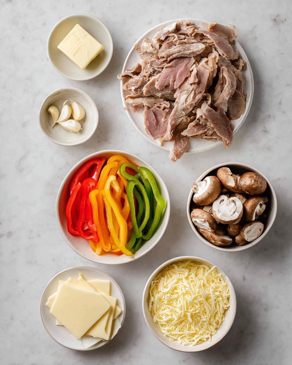 The image shows six white dishes on a white marbled surface, each holding different ingredients. The top right plate is full of thin, large slices of light brown cooked meat arranged in a circular pattern. Below it to the center-left, there’s a bowl filled with thinly sliced strips of red, yellow, orange, and green bell peppers. To the right of the peppers, a bowl holds sliced brown mushrooms of various sizes. Below these, a small bowl contains light yellow shredded cheese. To the bottom left, a small white plate has four round slices of pale, thin cheese stacked slightly overlapping. Nearby are a small round yellow onion and three garlic cloves with peeled skin. Small cubes of butter rest in a small bowl at top left. The colors are fresh and the layout is neat. Photo taken with an iphone --ar 4:5 --v 7