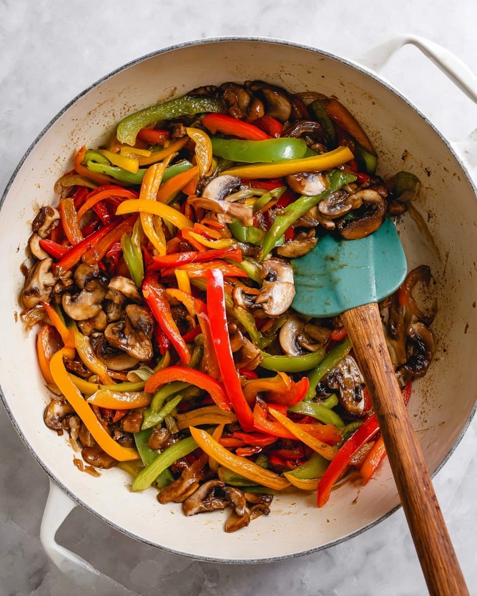 The image shows a white pot filled with sautéed vegetables, including thin strips of red, orange, yellow, and green bell peppers mixed with sliced brown mushrooms and some light caramelized onions. The vegetables are shiny and appear cooked but still crisp. A teal spatula with a wooden handle is resting inside the pot on the right side. The pot is placed on a white marbled surface. photo taken with an iphone --ar 4:5 --v 7