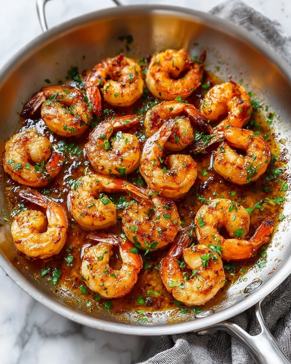 A shiny silver pan filled with about fourteen cooked shrimp, each one curled and golden orange with a light char on the outside. The shrimp are covered lightly with small green herb pieces scattered all over. The pan has a brown sauce with bits of herbs floating in it, pooling around the shrimp. The pan sits on a white marbled surface with a gray and white cloth partially visible under the handle. The overall look is warm and fresh, with the shrimp and sauce as the main focus. photo taken with an iphone --ar 4:5 --v 7