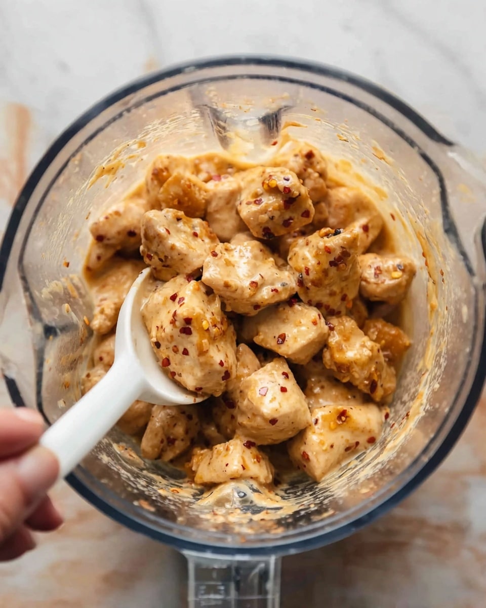 Inside a clear glass blender, there are small pieces of cooked chicken with a light golden brown color mixed with a creamy sauce that has specks of red and black seasoning. A white plastic spoon is stirring the mixture, held by a woman's hand, with the spoon scoop partially buried under the chicken pieces. The background under the blender is a white marbled surface. Photo taken with an iphone --ar 4:5 --v 7