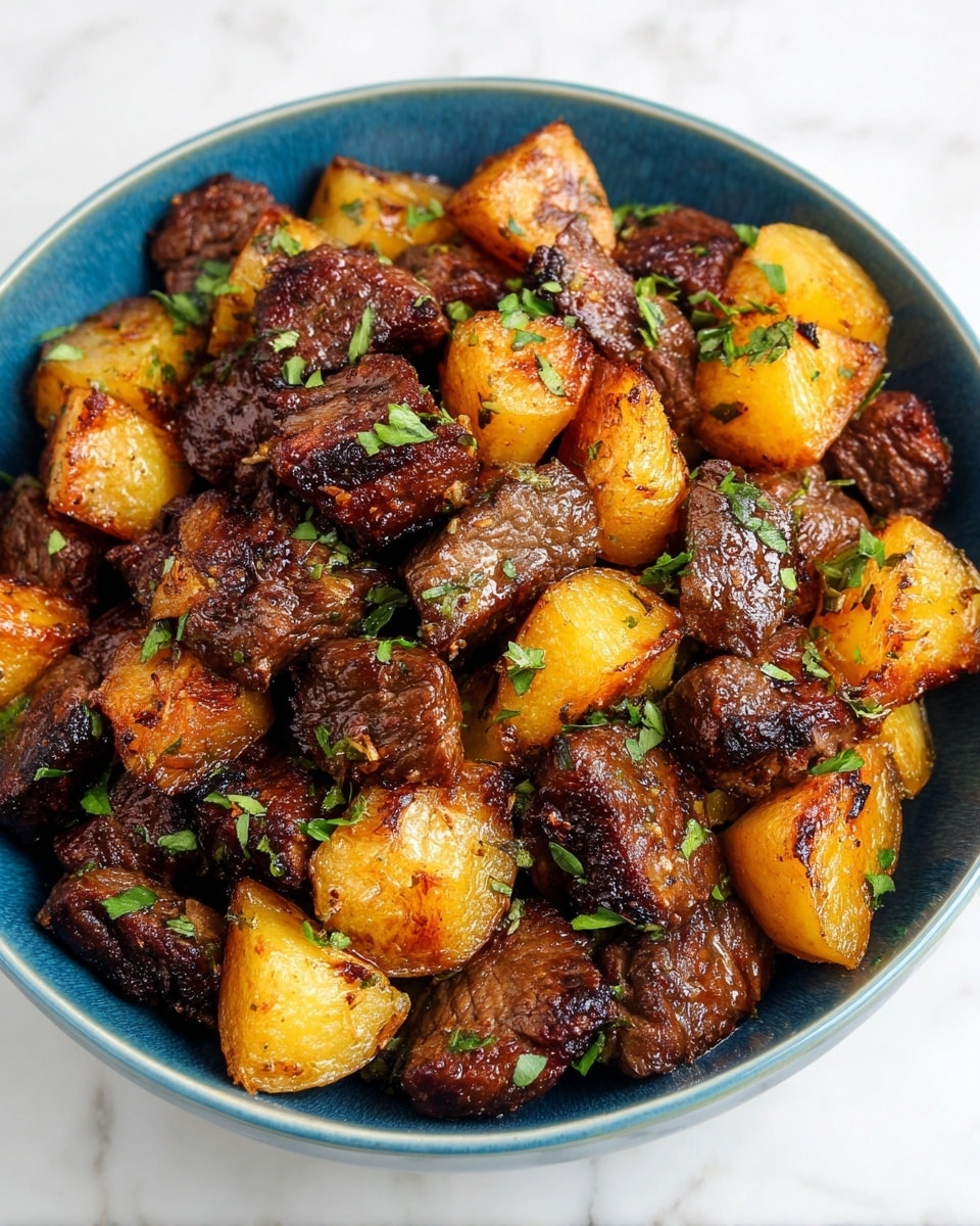 This image shows a blue bowl filled with a mix of cooked dark brown chunks of meat and golden-brown potato pieces. The meat pieces have a slightly crispy and caramelized outer texture, while the potato chunks look soft and well browned. The dish is topped with small green herb leaves scattered evenly across the meat and potatoes. The bowl sits on a white marbled surface. photo taken with an iphone --ar 4:5 --v 7