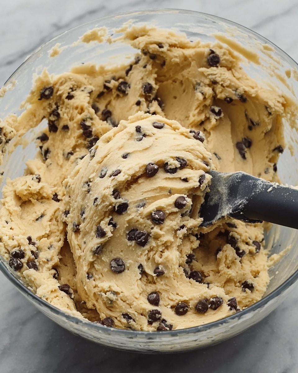 A large clear glass bowl filled with creamy light beige cookie dough mixed with small dark brown chocolate chips evenly spread throughout. A black spatula is scooping some dough, showing its soft, thick, and slightly textured consistency. The bowl is resting on a white marbled surface that adds a clean and bright look to the scene. photo taken with an iphone --ar 4:5 --v 7