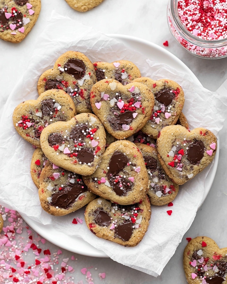 A pile of heart-shaped cookies sits on a white plate lined with crumpled white paper, each cookie golden brown with large dark melted chocolate pieces scattered across the surface. The cookies are decorated with small red, pink, and white sprinkle hearts and dots, adding a festive touch. The cookies have a slightly rough texture with sugary sparkle, giving a fresh baked look. Around the plate, a white marbled surface holds some loose pink and red sprinkles and a clear container filled with more sprinkles. photo taken with an iphone --ar 4:5 --v 7