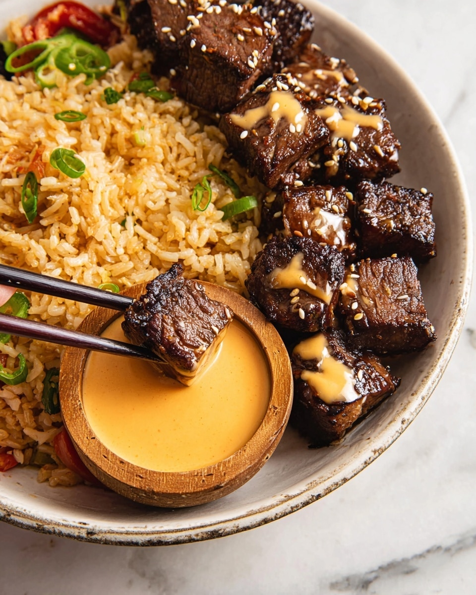 The image shows a white bowl filled with three main layers: on the left side, there is golden-brown fried rice with small green and red vegetable pieces mixed in; on the right side, there are dark brown, grilled beef cubes topped with sesame seeds and a drizzle of light tan sauce; in the center front, a small wooden bowl filled with creamy orange sauce, with a woman's hand using dark wooden chopsticks to dip one beef cube into the sauce. The bowl rests on a white marbled surface. photo taken with an iphone --ar 4:5 --v 7