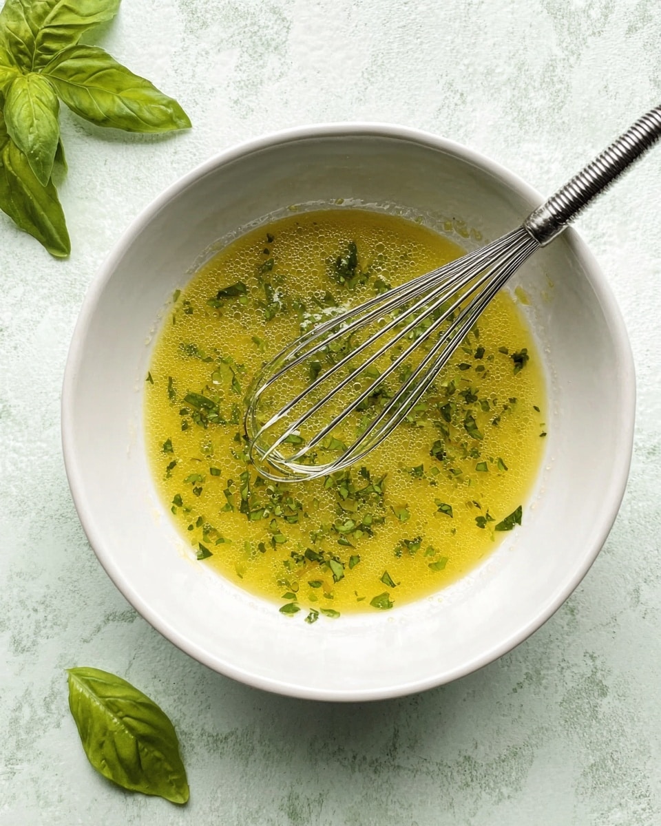A white bowl sits on a white marbled surface, filled with a mixture that looks like a light green-yellow vinaigrette with tiny green herb pieces spread throughout. A small metal whisk rests inside the bowl, partially dipped in the liquid. Around the bowl, fresh green basil leaves can be seen, adding a touch of natural freshness to the scene. The texture of the liquid is smooth with small bubbles on the surface, showing it has been freshly mixed. photo taken with an iphone --ar 4:5 --v 7