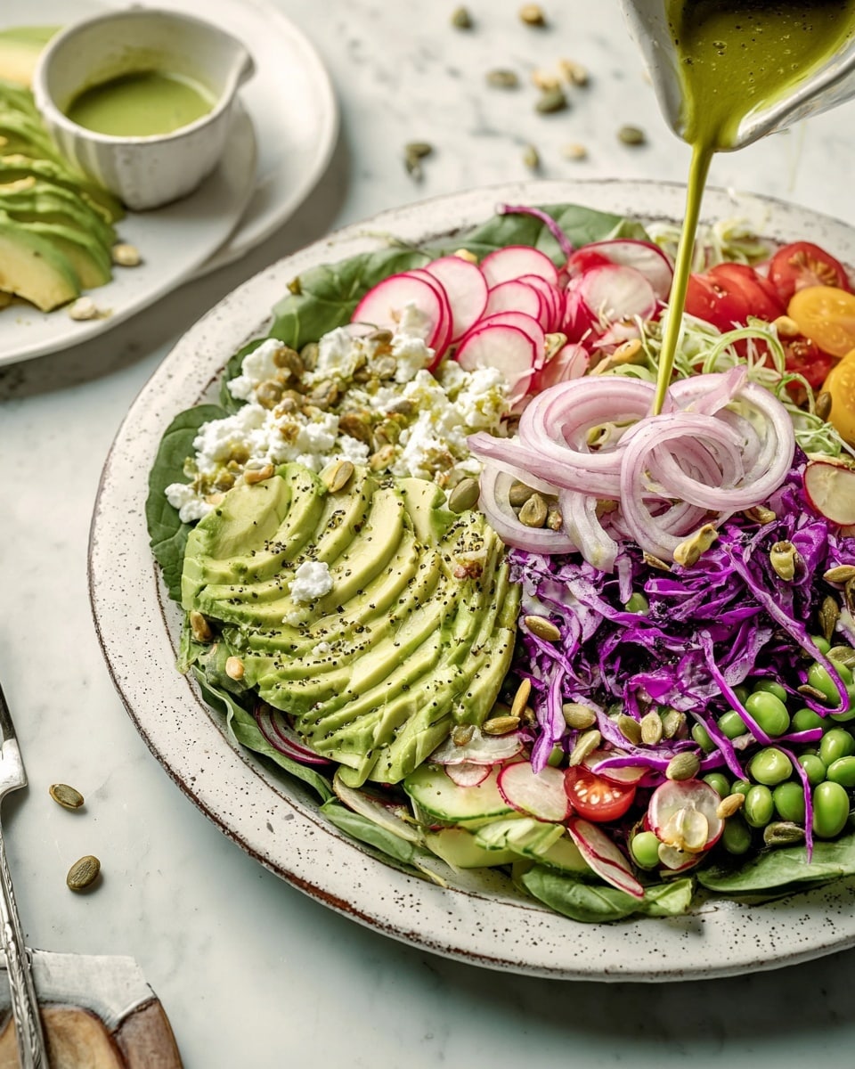 A large white speckled plate holds a colorful layered salad on a white marbled surface. The bottom layer is dark green spinach leaves spread across the plate. On top, there are sections of thinly sliced red radishes, bright green avocado slices lightly seasoned with black pepper and drizzled with olive oil, purple shredded cabbage, sliced cucumbers, light green broad beans, halved cherry tomatoes, and bright green peas. Finely sliced pink onions sit on top in the middle, with crumbled white cheese scattered around. Sunflower seeds and small nuts are sprinkled across the salad. A white bowl is pouring green dressing over the salad from the left. In the background, a white plate with more avocado slices and a knife rests on the white marbled surface. Photo taken with an iphone --ar 4:5 --v 7