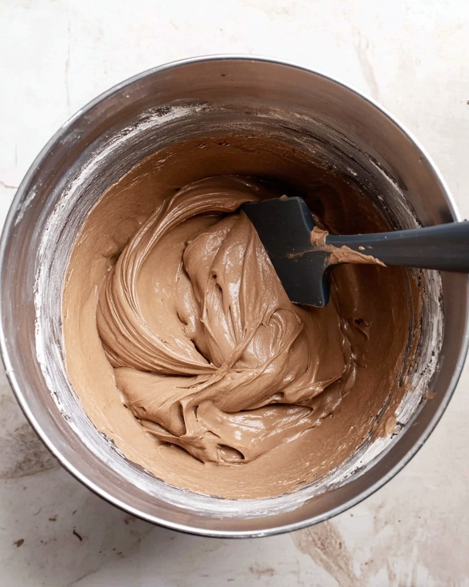 A metallic mixing bowl contains smooth, light brown chocolate batter with a creamy texture. A black spatula rests inside the bowl, coated with the batter and slightly lifted, showing folds and swirls on the surface. The bowl’s inner sides are partly coated with the batter, highlighting its thick consistency. The bowl sits on a white marbled surface. Photo taken with an iphone --ar 4:5 --v 7