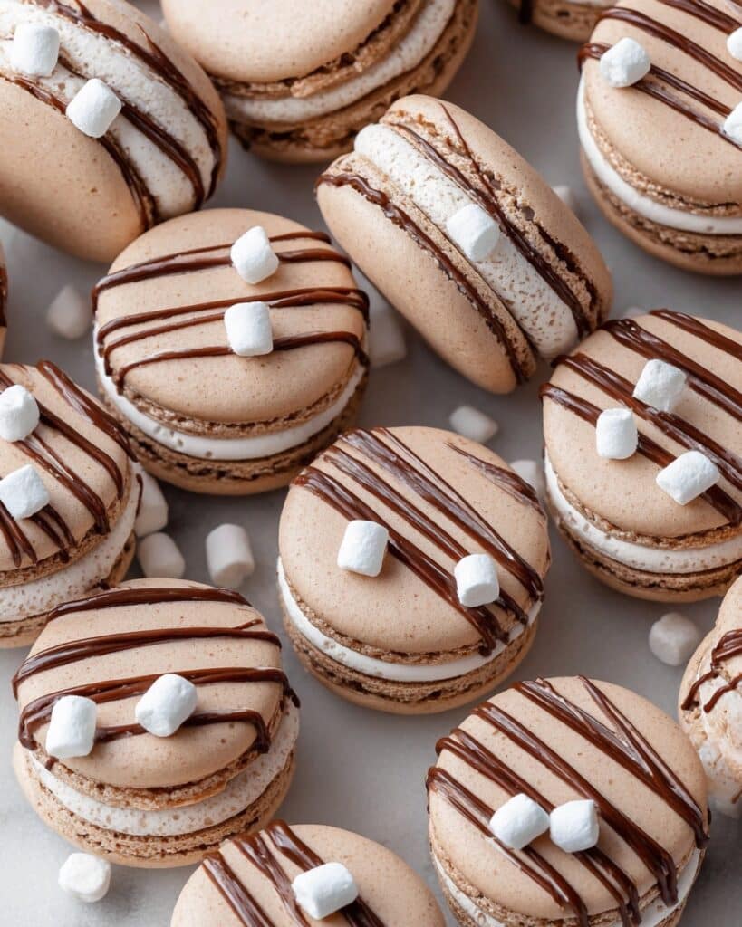 Hot Chocolate Macarons with Dark Chocolate Ganache and Mini Dehydrated Marshmallows Recipe