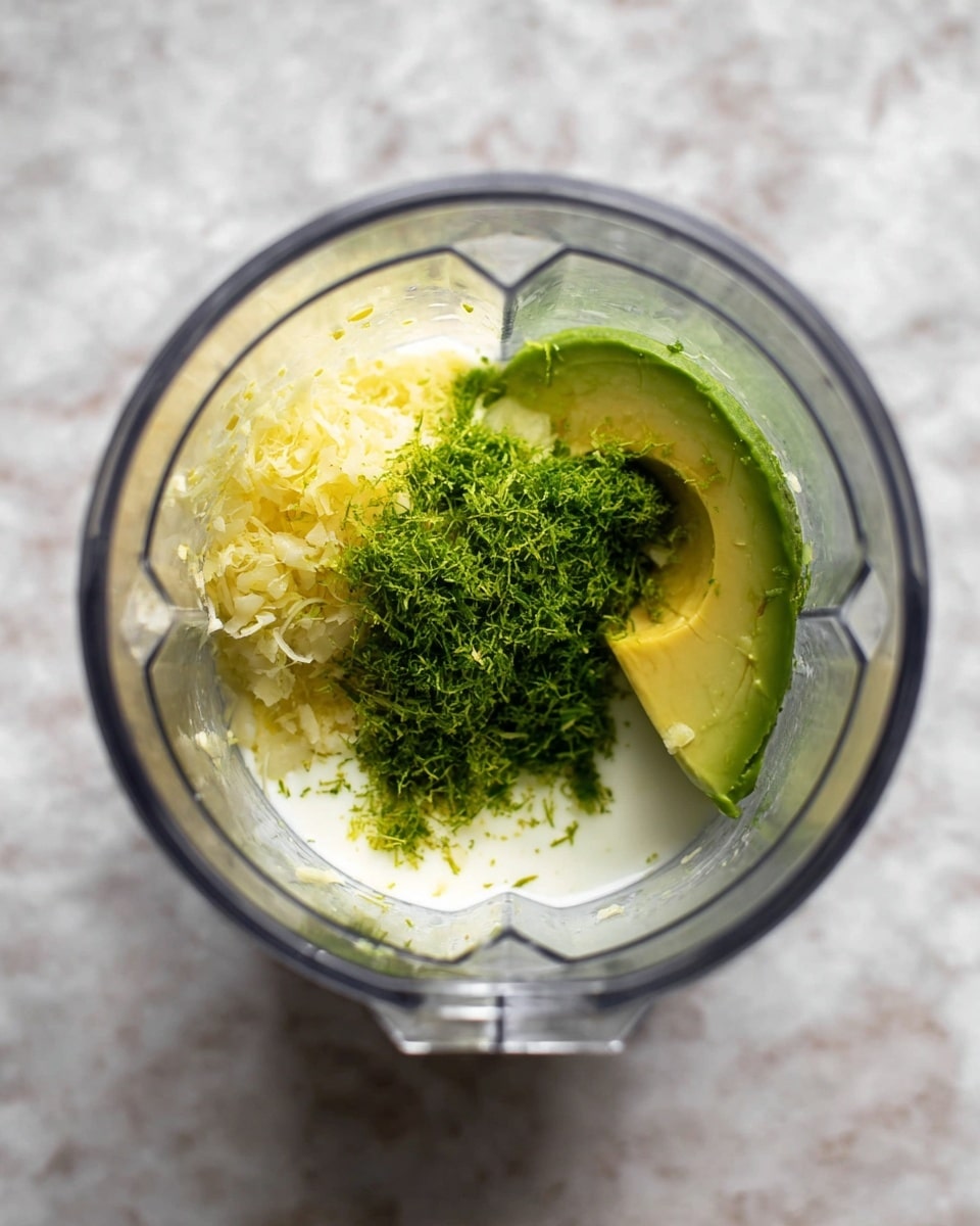 Inside a clear blender cup, there are four visible layers. At the bottom, a white creamy base spreads evenly. On top of this, finely chopped light yellow pieces are scattered. Above that, a mound of bright green shredded zest lies mostly in the center and slightly to the left. Nestled against the side on the right is a thick, dark green slice of avocado with a smooth texture. The blender cup sits on a white marbled surface. photo taken with an iphone --ar 4:5 --v 7