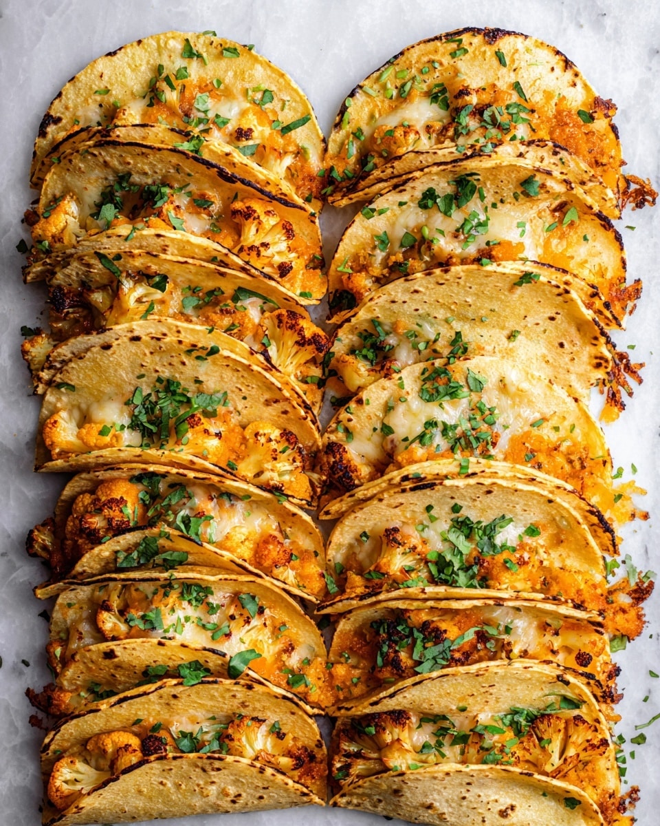 The image shows seven small tacos arranged on a white plate with a white marbled texture background. Each taco has a golden-brown, crispy folded tortilla shell, filled with melted orange cheese and shredded chicken, visible at the edges. Two of the tacos are topped with a small dollop of white sour cream, diced red tomatoes, and finely chopped green cilantro. The rest of the tacos are garnished with scattered green cilantro leaves. To the left side of the plate, there is a white bowl filled with smooth, green guacamole sprinkled lightly with cilantro. The overall look is colorful and fresh, with a mix of textures from the crunchy shells, creamy toppings, and soft meat. photo taken with an iphone --ar 4:5 --v 7