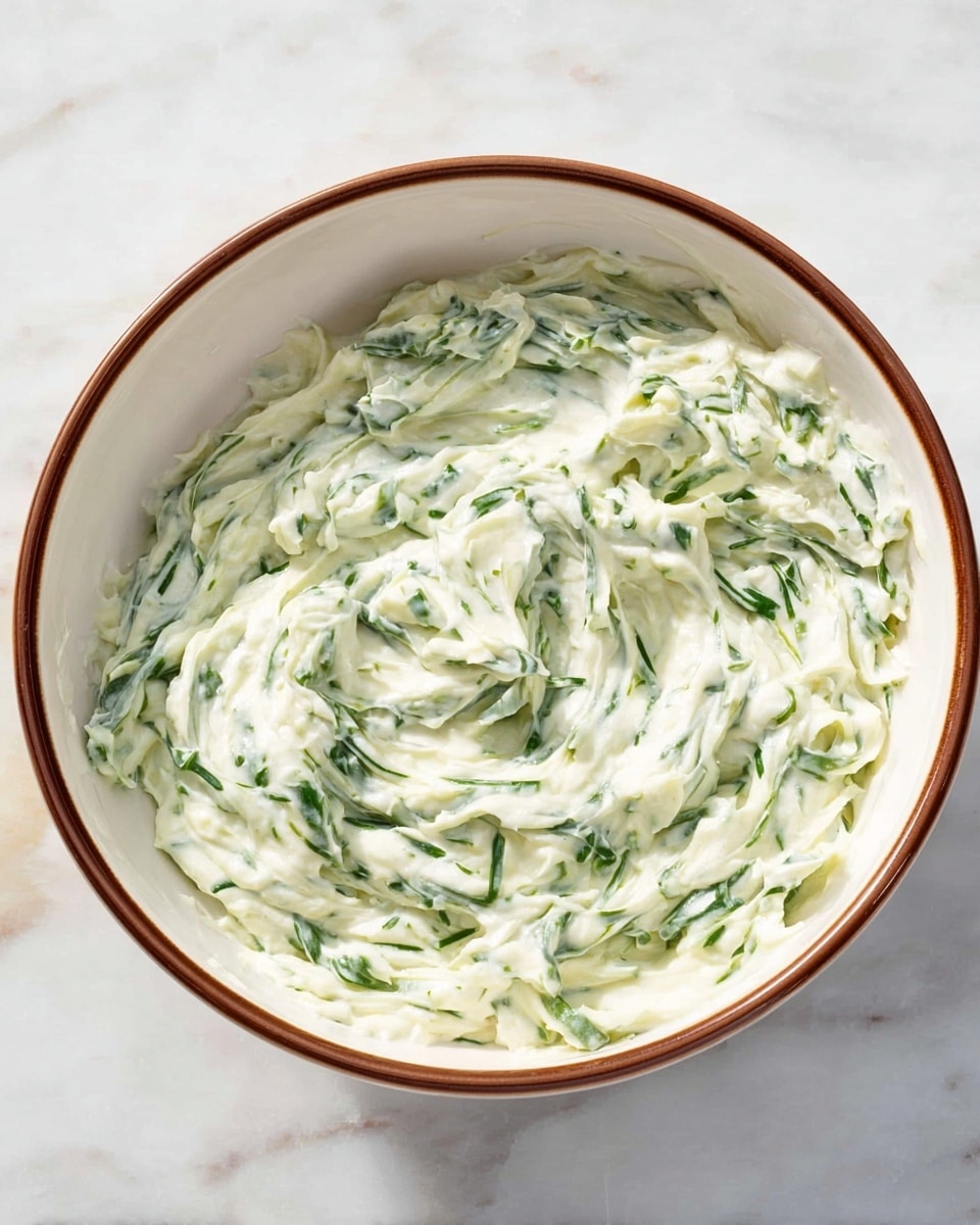 A close-up view of a white bowl with a brown rim, filled with a creamy mixture that is mostly white with small, bright green leafy bits spread evenly throughout. The texture looks soft and slightly thick with swirled peaks and folds creating a gentle pattern across the surface. The bowl is placed on a white marbled textured surface, enhancing the natural colors of the creamy mixture inside. photo taken with an iphone --ar 4:5 --v 7