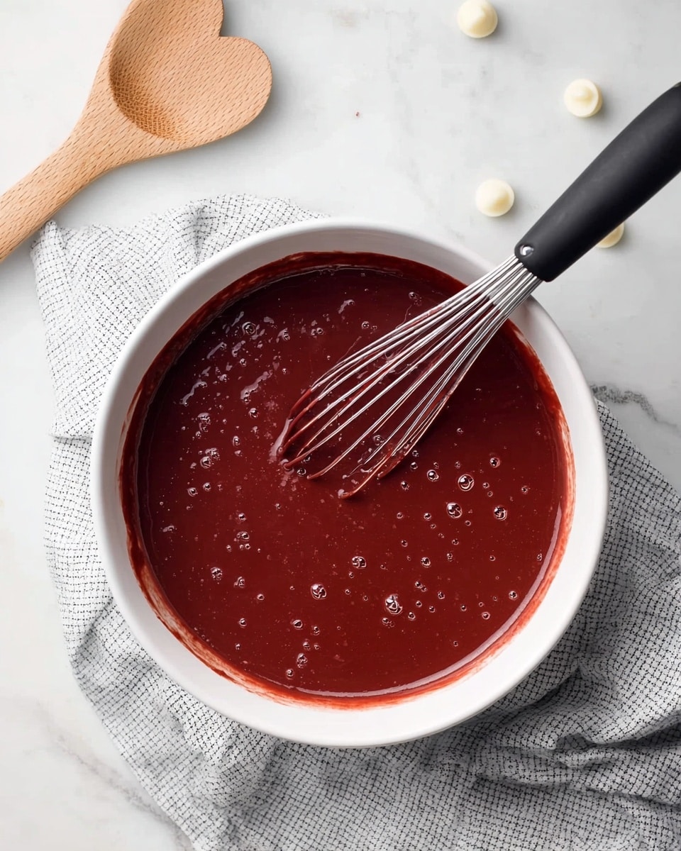 A white bowl filled with a deep red, smooth, and slightly shiny chocolate batter. The batter has small bubbles on the surface, showing its thick texture. A black-handled whisk is resting inside the bowl, partially dipped in the batter. The bowl sits on a white marbled surface, with a light gray checkered cloth underneath and a wooden spoon with a heart-shaped cutout beside it. A few small white chocolate chips are scattered in the background. photo taken with an iphone --ar 4:5 --v 7