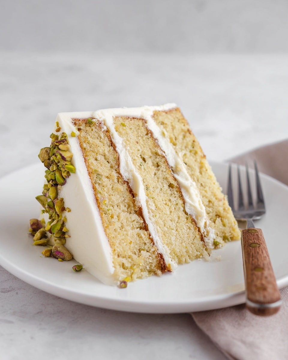 A slice of three-layer cake sits on a white plate over a white marbled surface. Each layer of the cake is light golden with a soft, moist texture, separated by thin layers of creamy white frosting. The outside of the cake is fully covered in smooth white frosting. On the left edge of the slice, there is a small cluster of chopped green pistachios adding texture and color contrast. Next to the slice on the plate is a fork with a wooden handle. Photo taken with an iphone --ar 4:5 --v 7