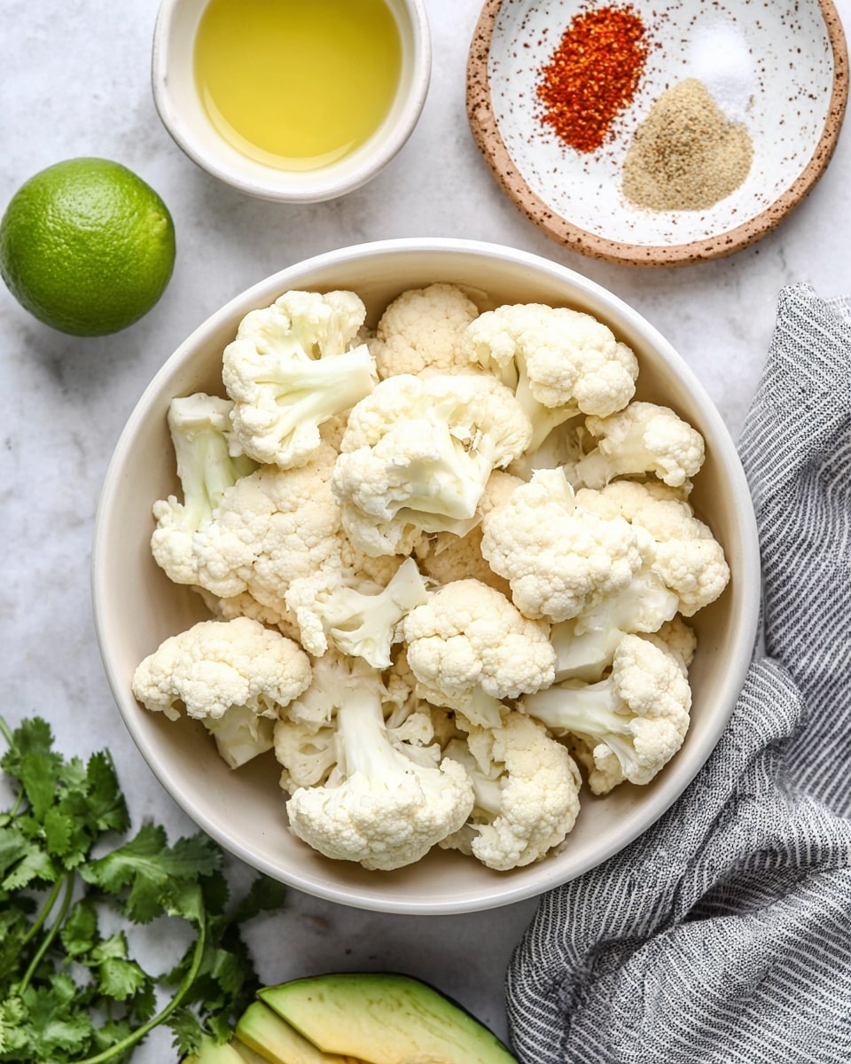 A white bowl filled with many pieces of raw cauliflower florets, all creamy white with a slightly bumpy texture, sits on a white marbled surface. Around the bowl, there is half a green lime on the left, green avocado slices on the right, fresh green cilantro leaves at the bottom left, and a small white bowl of light yellow oil above the cauliflower bowl. Next to the oil, there is a white speckled plate with small piles of red, light brown, and beige spices. A gray and white striped cloth is placed partially at the bottom right corner of the image. photo taken with an iphone --ar 4:5 --v 7