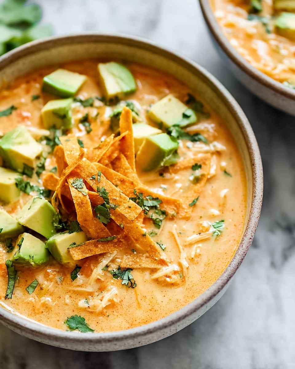 A bowl filled with creamy soup that has a light orange color and smooth texture, topped with bright green avocado cubes scattered on top. There are thin, crunchy orange tortilla strips piled in the middle, with some small green cilantro leaves sprinkled over everything. The soup looks thick and rich with small bits of white and orange ingredients throughout. This bowl sits on a white marbled surface and there is another bowl blurred in the background. Photo taken with an iphone --ar 4:5 --v 7