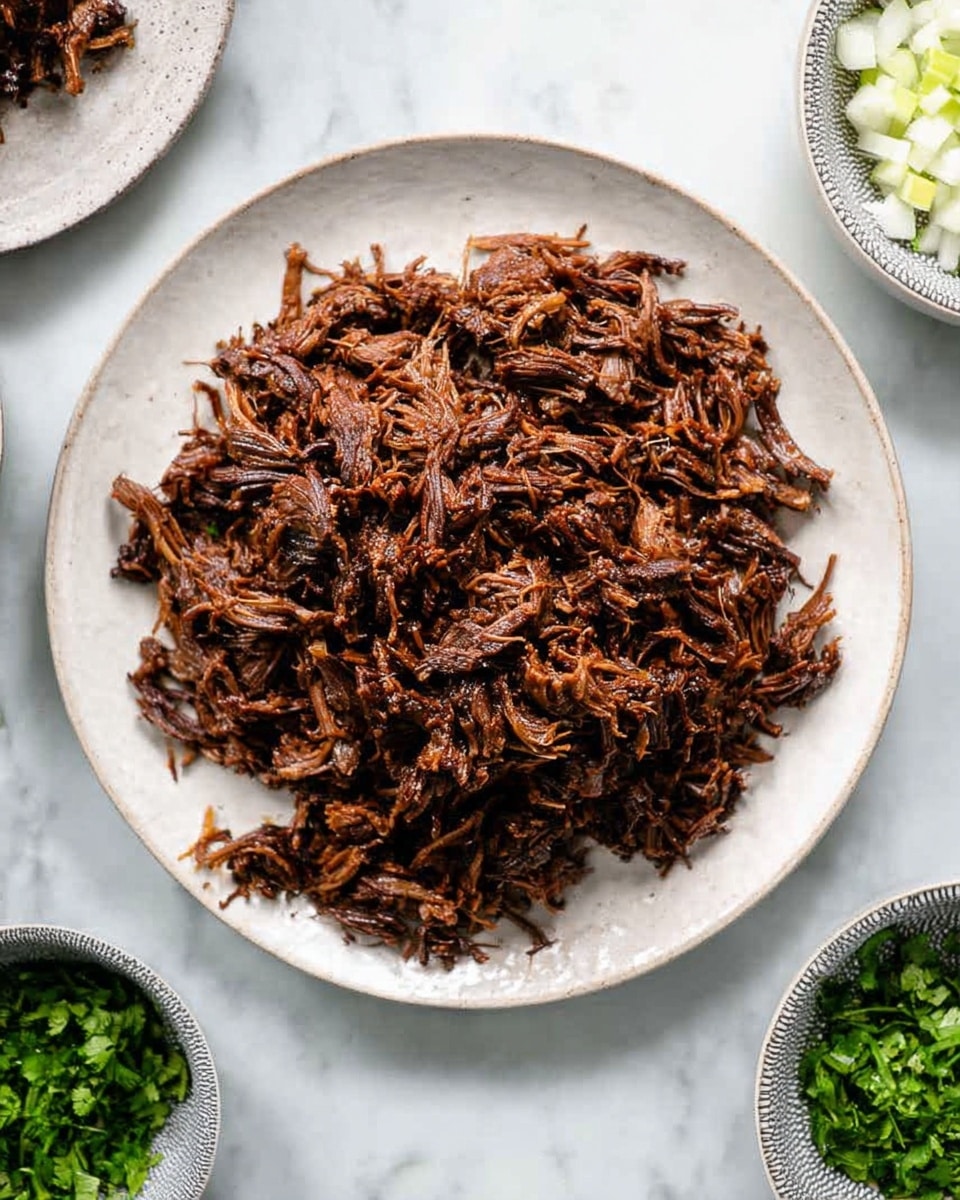 A large white plate sits in the center filled with a pile of shredded meat that is dark brown with a slightly glossy texture, showing strands and fibers clearly. Around the plate, there are parts of smaller white bowls with textured gray inside visible at the edges, one holding bright green chopped herbs and another with white diced pieces. The surface beneath is a white marbled texture, and the overall look is clean and simple. photo taken with an iphone --ar 4:5 --v 7