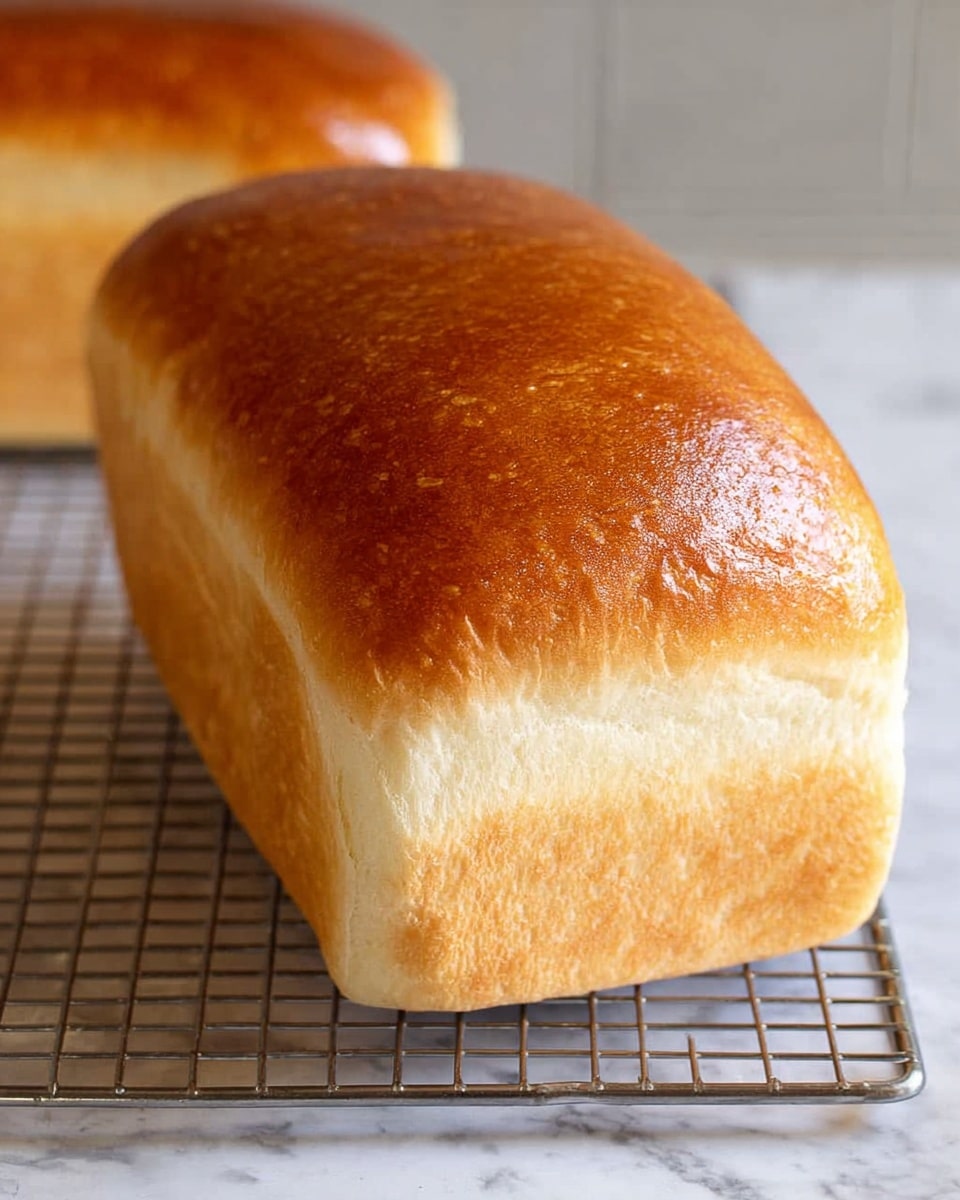 A single loaf of bread with a shiny, golden-brown top crust sits on a cooling rack. The bread loaf is rectangular with smooth, rounded edges and a light beige color on the sides, showing soft, fluffy texture. The background is a white marbled surface, with another loaf partially visible in the background. photo taken with an iphone --ar 4:5 --v 7