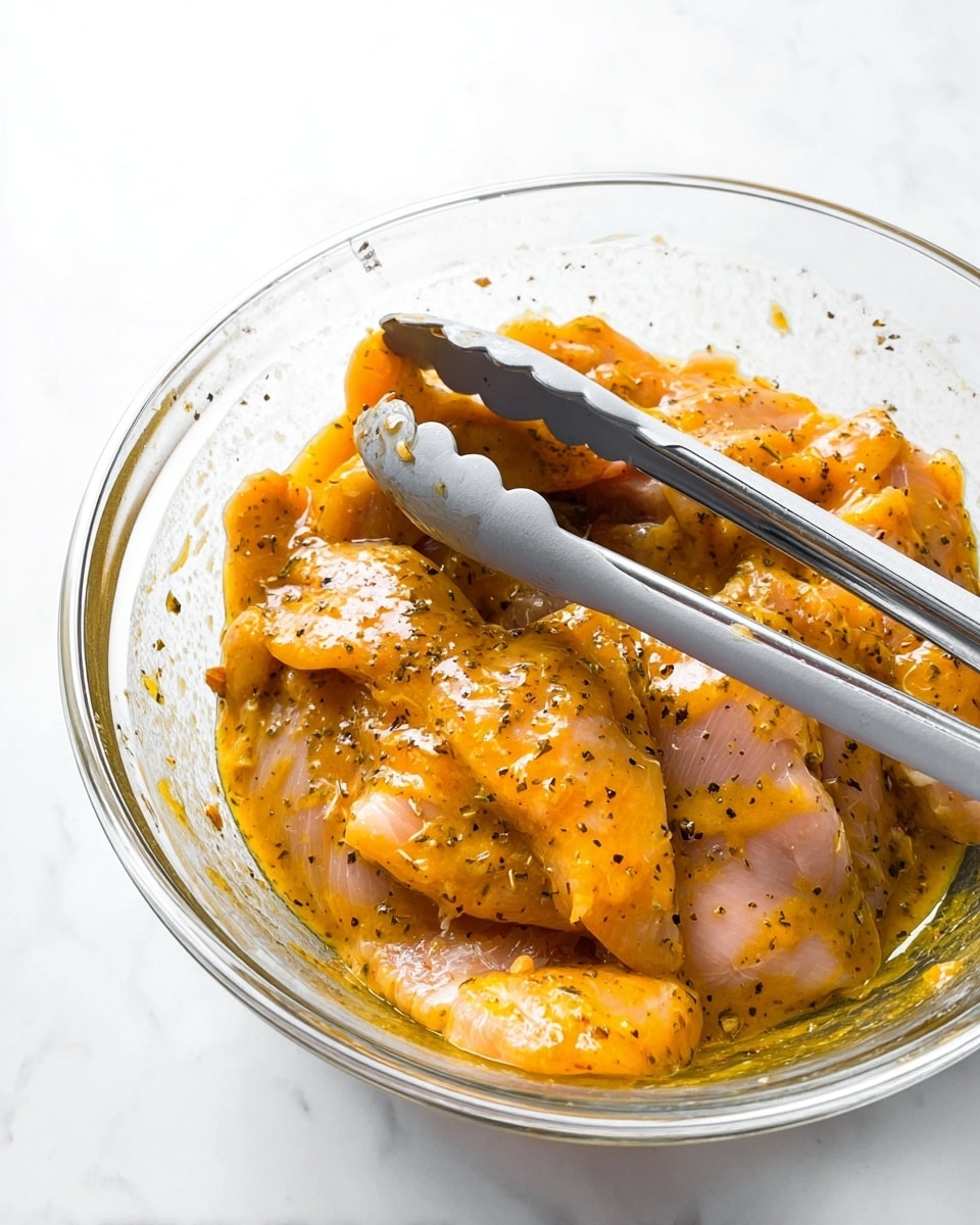 A clear glass bowl sits on a white marbled surface, filled with several layers of raw chicken pieces coated in a thick, orange-yellow marinade with visible black pepper specks and herbs. On top of the chicken, a pair of silver tongs with grey silicone tips rests diagonally, their texture smooth and shiny. The marinade is glossy and slightly oily, evenly covering each chicken piece, which show pale pink and white skin tones underneath. photo taken with an iphone --ar 4:5 --v 7