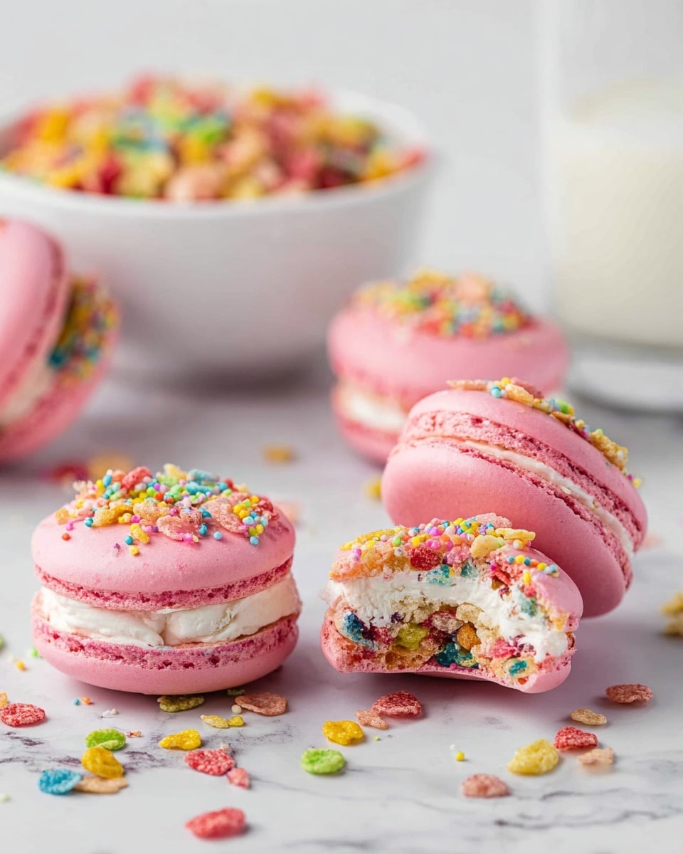 The image shows four pink macarons with smooth, slightly shiny top shells sprinkled with colorful crunchy bits. Three macarons are whole, and one in the center is partially eaten, showing a thick middle layer of white cream mixed with colorful crunchy pieces. The macarons are placed on a white marbled surface, with scattered colorful cereal pieces around them. In the background, there is a white bowl filled with similar colorful cereal and a glass of milk, both out of focus. photo taken with an iphone --ar 4:5 --v 7