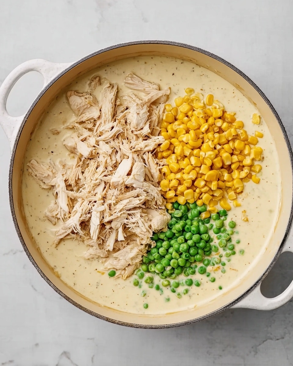 A large white pot sits on a white marbled surface filled with a creamy light beige sauce that creates the base layer. On top of the sauce, there are three piles placed separately: shredded light brown cooked chicken on the left side, bright yellow corn kernels in the top right section, and small green peas in the bottom right section. The textures show the sauce smooth and creamy, the chicken tender and fibrous, and the vegetables firm and fresh. Photo taken with an iphone --ar 4:5 --v 7