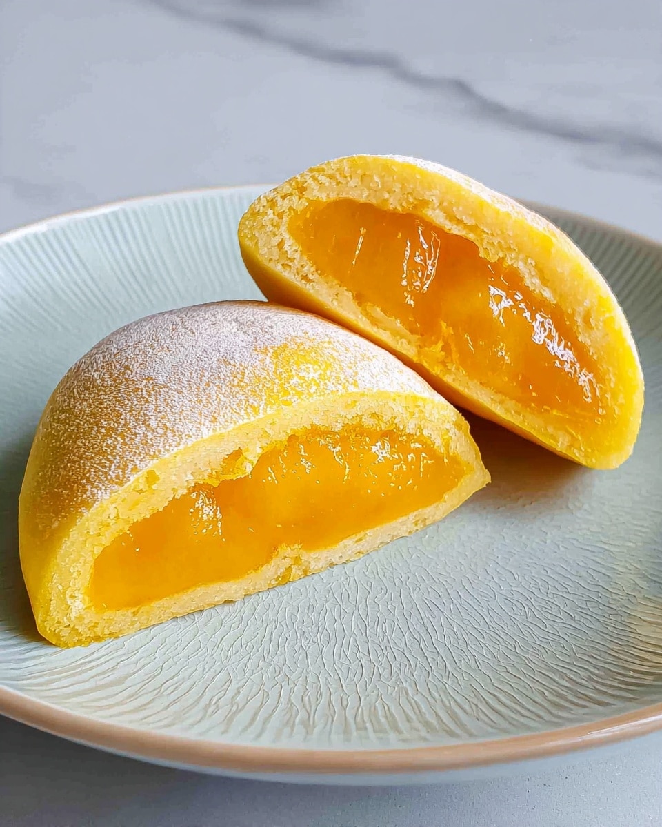 Two halves of a soft, pale yellow pastry are placed side by side, showing a smooth and shiny bright orange filling inside. The outer layer is thin and lightly dusted with flour, with a slightly matte texture, while the filling looks dense and moist with a glossy surface. The halves are resting on a white plate with a subtle textured pattern, all set against a white marbled surface. photo taken with an iphone --ar 4:5 --v 7