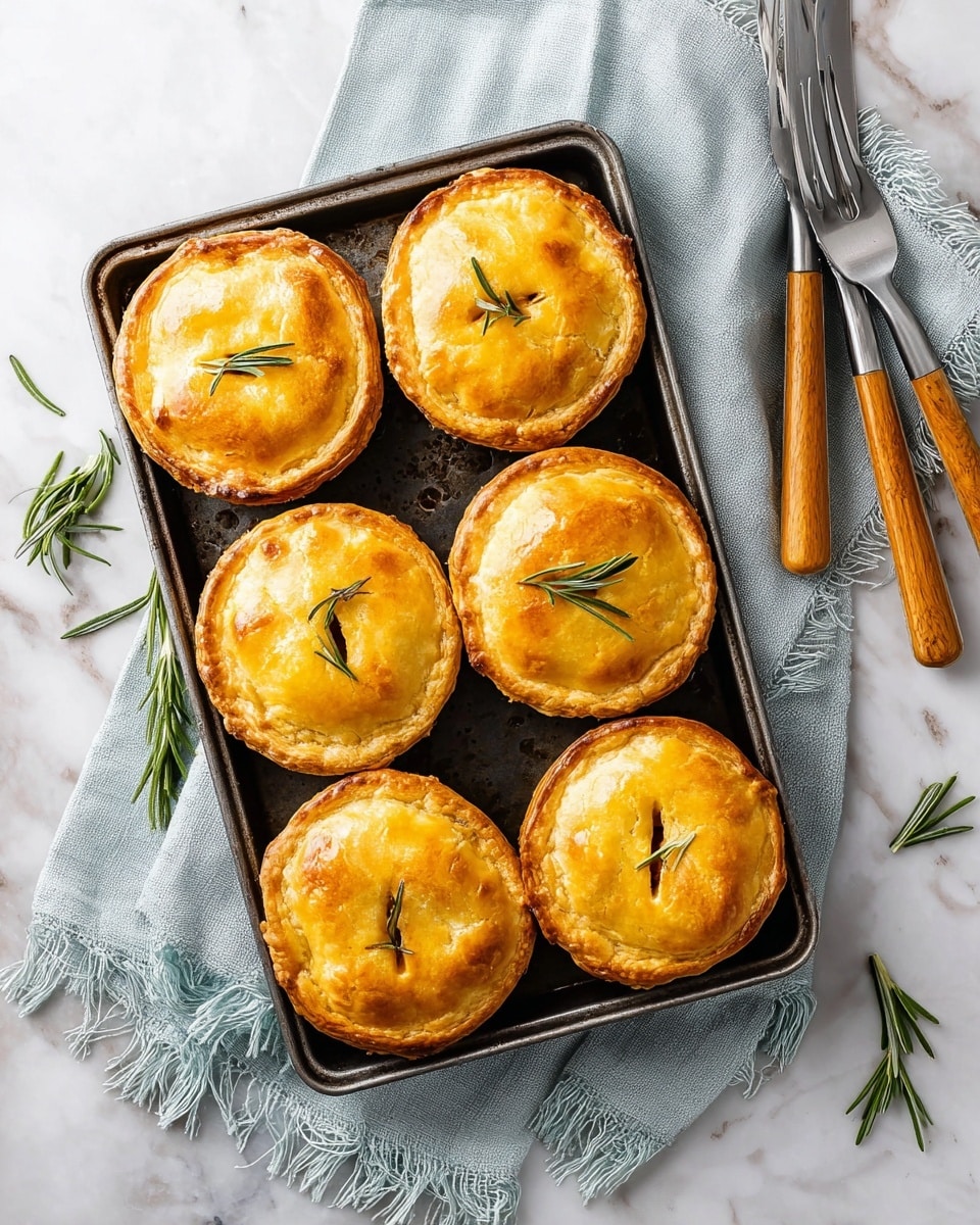 A metal baking tray with six golden brown round pies sits on a white marbled surface, topped with small green rosemary sprigs on each pie. The pies have a smooth, shiny crust with a small slit in the center of each top crust, showing light browning. The tray rests on a light blue-gray fringed cloth, with some rosemary sprigs scattered around and three wooden-handled forks to the upper right side. The scene is bright and clean. photo taken with an iphone --ar 4:5 --v 7