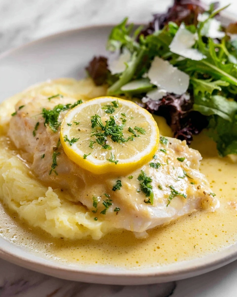 A white plate holds a dish with three main layers. The bottom layer is a bed of creamy mashed potatoes that look smooth and soft with a pale yellow color. On top of this is a fillet of cooked fish, white and tender, covered in a light yellow creamy sauce with small green herb bits scattered on it. A slice of lemon sits on the fish, decorated with tiny green herbs. To the side, there is a small serving of fresh green salad with dark green leaves and white cheese shavings on top. The plate is set on a white marbled surface. Photo taken with an iphone --ar 4:5 --v 7