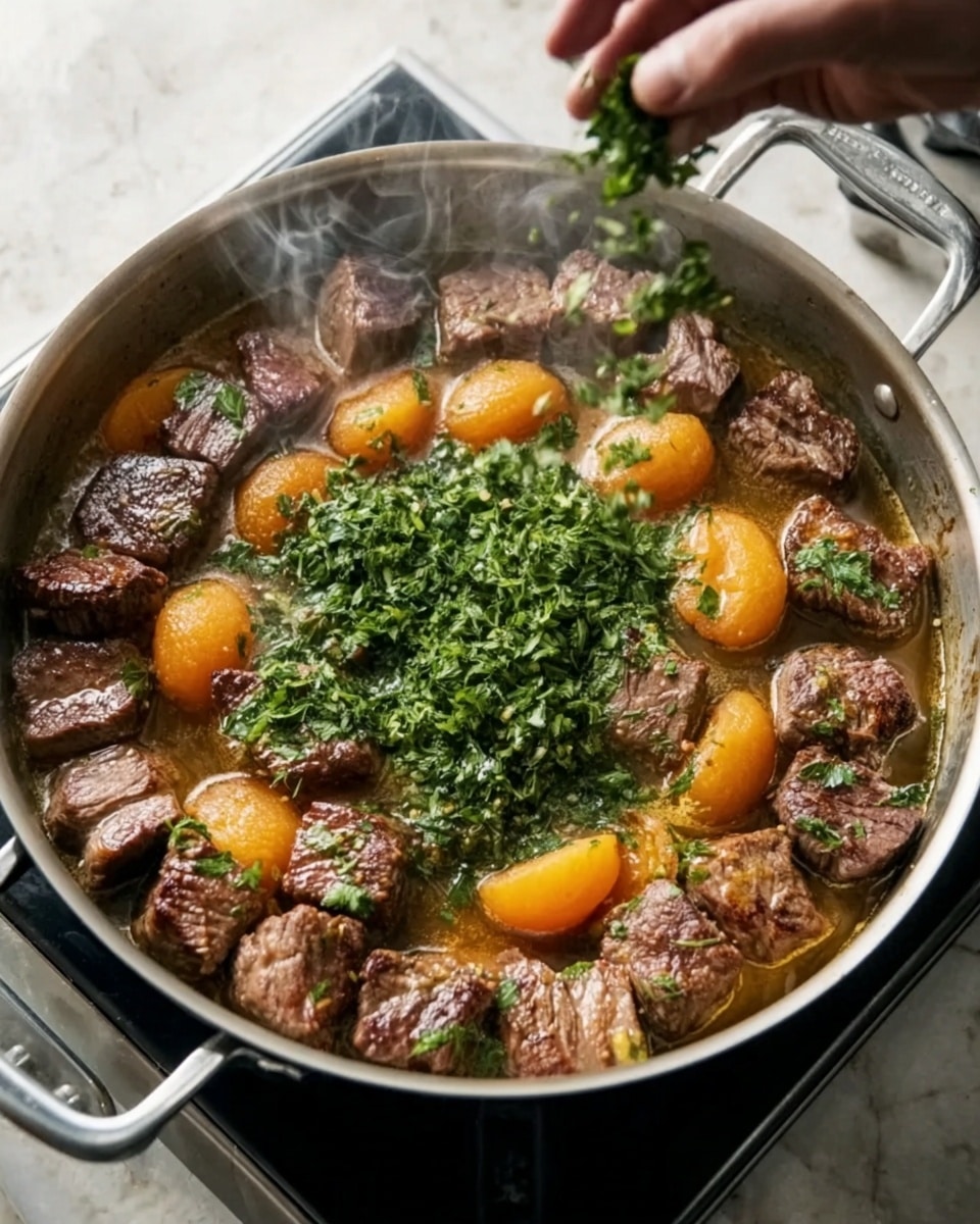 A large silver pan on a stovetop holds evenly browned beef cubes arranged in a circle with a few pieces filled in the center, surrounded by a light brown cooking liquid. Bright orange slices of apricot are scattered among the beef cubes. A woman's hand is seen sprinkling fresh green chopped herbs over the pieces, adding a fresh pop of color. Steam rises gently from the pan, showing the dish is hot. The scene is set on a white marbled surface. photo taken with an iphone --ar 4:5 --v 7