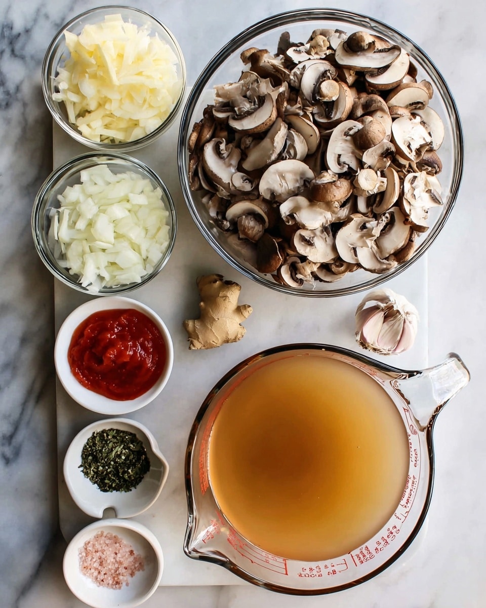 The image shows several ingredients placed on a white marbled surface. In the center is a large clear glass bowl filled with many sliced brown mushrooms. Below it, there is a bigger clear glass measuring cup filled with light brown broth. To the left of the mushrooms, there is a smaller clear glass measuring cup with sliced white onions. To the right of the broth, there are several small bowls arranged in two vertical lines: the first line has a bowl of grated cheese and a bowl with two red dollops of tomato paste, while the second line has a bowl with a few garlic cloves, a bowl with grated ginger, and a bowl of chopped fresh herbs. At the bottom left corner, a small white dish holds pink salt and black pepper. The setup is simple and clean, showing raw ingredients ready for cooking. photo taken with an iphone --ar 4:5 --v 7