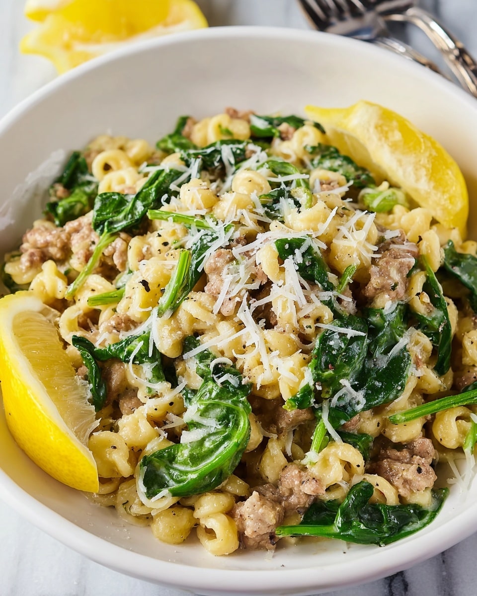 A close-up view of a wooden spoon holding a mix of creamy yellow orzo pasta, small pieces of light brown cooked meat, and bright green spinach leaves, all blended together. The background shows more of the same mixture, with the pasta having a soft, slightly shiny texture, and the spinach adding fresh, leafy contrast throughout. The image is sharp and focused on the spoonful, with a white marbled surface faintly visible underneath. photo taken with an iphone --ar 4:5 --v 7