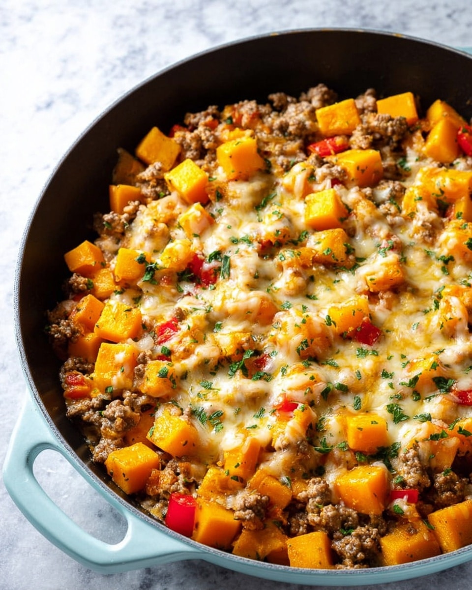 The image shows a light blue cast iron pan on a white marbled surface filled with a cooked dish. The dish has roughly three main layers: the bottom layer is made of browned ground meat mixed with small pieces of translucent onions and red bell peppers. On top of that, there are bright orange cubes that cover most of the dish evenly. The top layer is melted light yellow cheese scattered across the surface, with small green herb pieces sprinkled all over, adding contrast to the vivid colors. Photo taken with an iphone --ar 4:5 --v 7