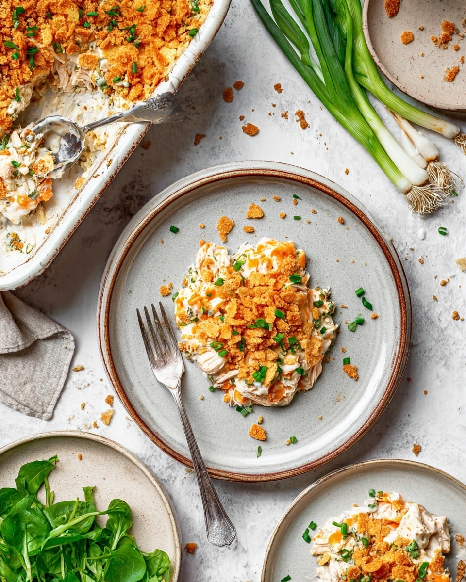 A portion of creamy layered casserole sits in the center of a light gray plate with a rustic brown rim, resting on a larger white plate. The casserole includes a soft white layer mixed with shredded cooked chicken and is topped with crumbled golden-brown crispy crackers sprinkled with chopped green herbs. Around the plate are scattered cracker crumbs for texture. Nearby, a white rectangular baking dish holds more of the casserole with a spoon scooping out a piece. A bundle of fresh green watercress rests on a beige plate to the side on a white marbled surface, along with whole scallions and a fork close to the main plate. Photo taken with an iphone --ar 4:5 --v 7