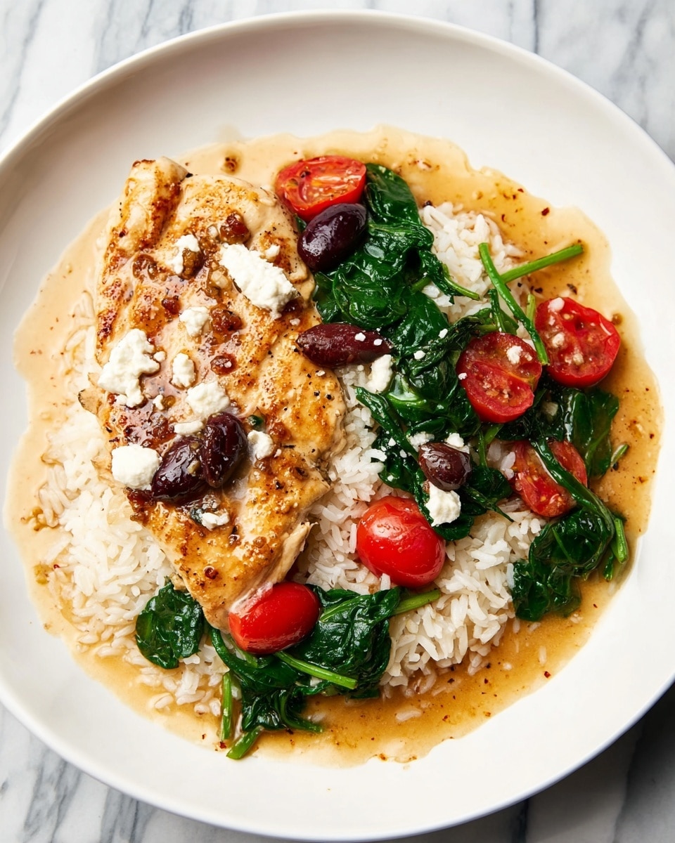 A white plate holds a serving of white rice as the bottom layer, with glossy spinach leaves and halved cherry tomatoes scattered on top of the rice. To the left side of the plate, there is a piece of golden-brown cooked chicken breast, topped with small dollops of white cheese and garnished with a few dark purple olive halves. The dish is lightly covered with a shiny, light brown sauce that spreads around the edges of the rice and chicken. The background shows a white marbled texture. photo taken with an iphone --ar 4:5 --v 7