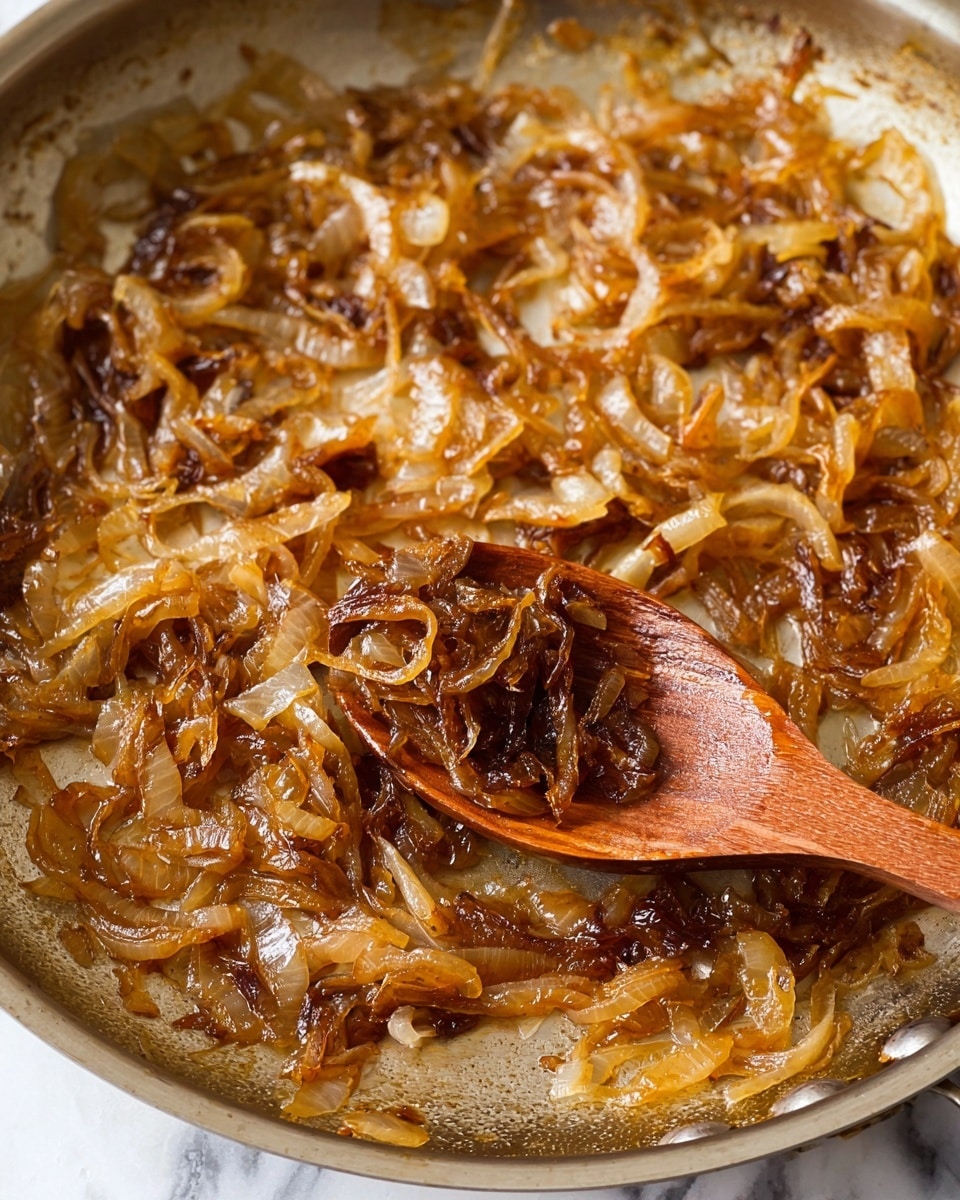 The image shows a close-up of caramelized onions cooking in a pan. There is one main layer of soft, light and dark golden brown onion strips, spread thinly over the pan surface. The onions have a shiny, slightly wet texture with some darker, crispy bits around the edges. A wooden spoon rests on the onions, holding a small pile of the caramelized onion strips. The pan has a metallic color and the background is a white marbled texture. photo taken with an iphone --ar 4:5 --v 7