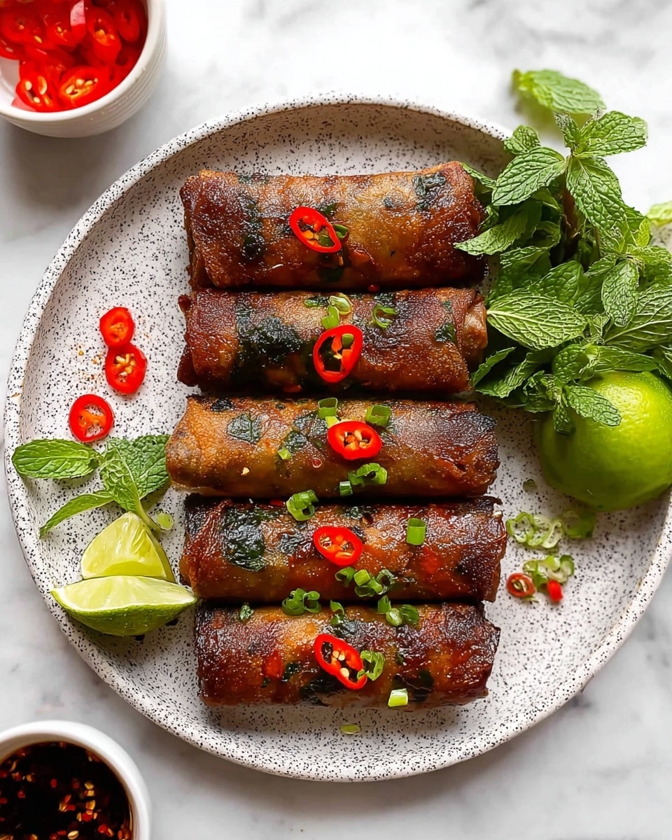 A white round plate holds five dark golden-brown spring rolls arranged in two rows, each topped with thin red chili slices and chopped green scallions, giving a fresh, colorful look. On the right side of the plate, there is a bright green quarter lime and a bunch of fresh mint leaves with a textured green surface. The plate is on a white marbled surface, and nearby are two small white bowls: one filled with thinly sliced red chilies and the other with a dark soy-based dipping sauce sprinkled with red chili flakes. The surface and background have a clean, white marbled texture, adding brightness to the image photo taken with an iphone --ar 4:5 --v 7
