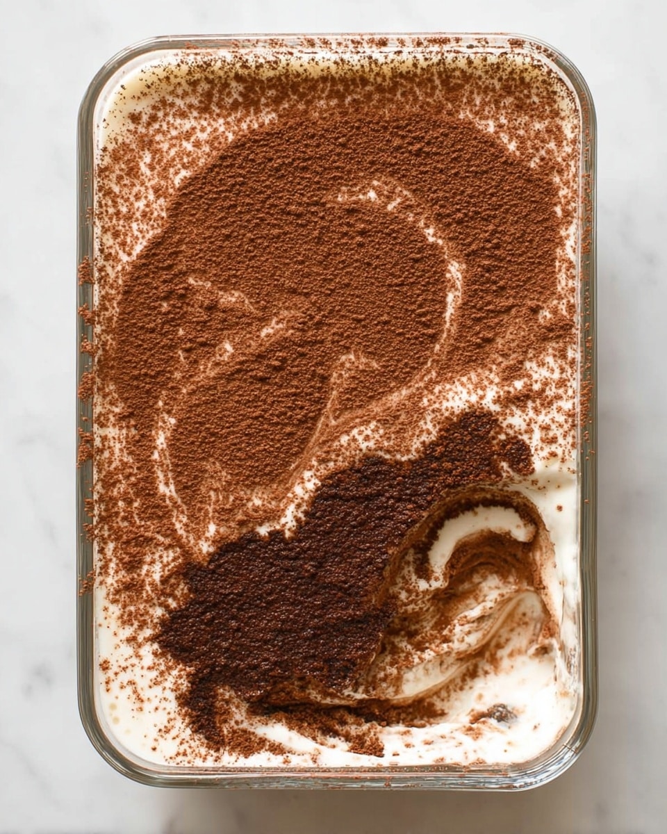 A clear square glass container filled with a layered dessert. The bottom layer is made of small, dark brown tapioca pearls soaked in a liquid, giving it a speckled texture. Above that is a creamy white layer with a slightly thick texture, and the top layer is a darker brown, smooth but dusted with fine cocoa powder, creating a matte finish. A metal spoon is inserted into the dessert on the right side, scooping out some of the creamy white layer as well as the top brown layer. The container sits on a light wooden surface, with two empty gold metal bowls blurred in the background. Photo taken with an iphone --ar 4:5 --v 7
