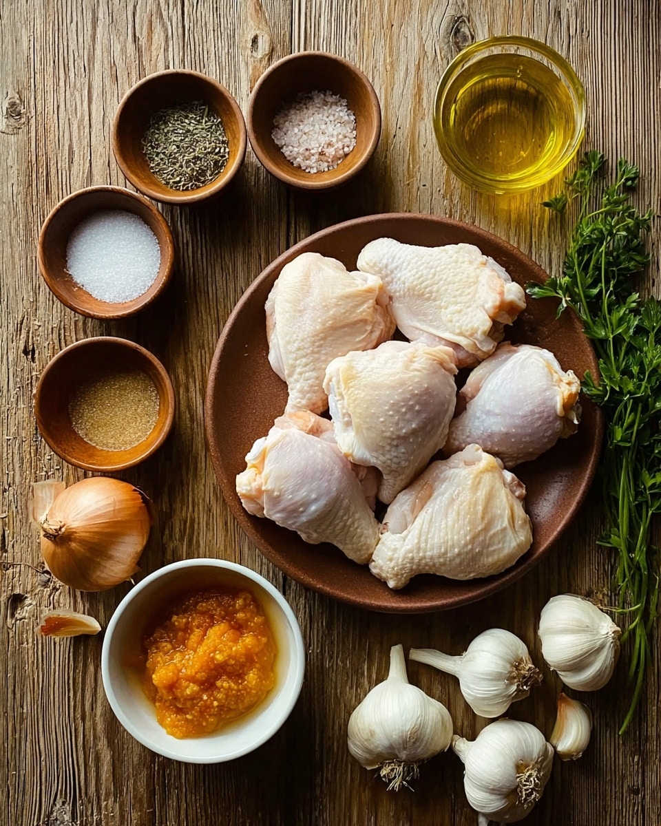 The image shows a round brown plate filled with five pale, raw chicken thighs arranged closely. To the left of the plate, a small white bowl contains a thick orange sauce with a textured surface. Surrounding the plate are several small wooden bowls holding various ingredients: one has coarse white salt, another has a mix of salt and black pepper, and a third contains a light yellow liquid. There is also a small black bowl filled with fine white salt beneath the plate. Around the bowls and plate, there are three whole garlic bulbs, a cluster of fresh green parsley, a small shallot, and two small bottles of golden-yellow oil. The items are set on a surface with white marbled texture. photo taken with an iphone --ar 4:5 --v 7