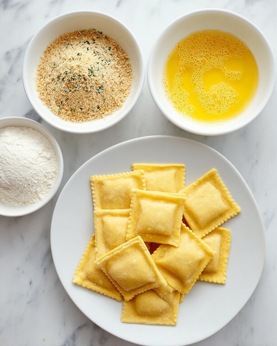 The image shows a white plate at the bottom center filled with about ten square-shaped ravioli in a pale yellow color with a slightly shiny, smooth texture. Above the plate are three white bowls arranged in a triangle on a white marbled surface. The bowl on the top left contains a coarse, light brown breadcrumb mixture with some green herbs. The top center bowl holds fine white flour. The bowl on the top right has a bright yellow beaten egg mixture with some bubbles. The whole scene is clean and brightly lit. Photo taken with an iphone --ar 4:5 --v 7