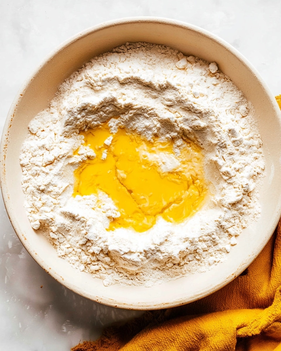A close-up view of a white bowl with dry white flour layered all around the sides and a pool of melted yellow butter in the center. The flour has a rough, powdery texture, and the butter looks smooth and shiny, partly absorbed into the flour. The bowl sits on a white marbled surface, with a mustard yellow cloth slightly visible at the bottom left corner. Photo taken with an iphone --ar 4:5 --v 7