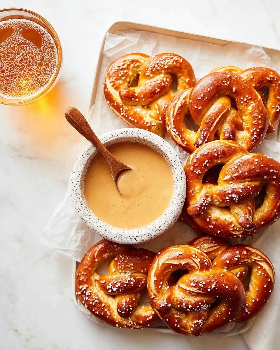 The image shows a white tray filled with several golden-brown pretzels, each with a shiny surface and sprinkled with coarse salt. The pretzels have a thick, twisted shape with smooth, slightly glossy textures. Next to the pretzels, on the tray, is a speckled white bowl filled with a creamy beige sauce with a smooth texture. A wooden spoon with a curved handle rests inside the bowl, partially dipped in the sauce. To the left of the tray, there is a transparent glass filled with a light amber liquid, showing some bubbles. The whole setup is placed on a white marbled surface, adding a clean and bright background. Photo taken with an iphone --ar 4:5 --v 7